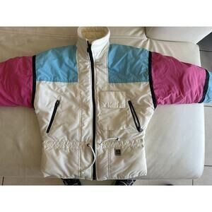 VTG WOMANS SKI JACKET ROBERN SZ M White‎ Pink Teal 1985 Down Fill Downhill Racer